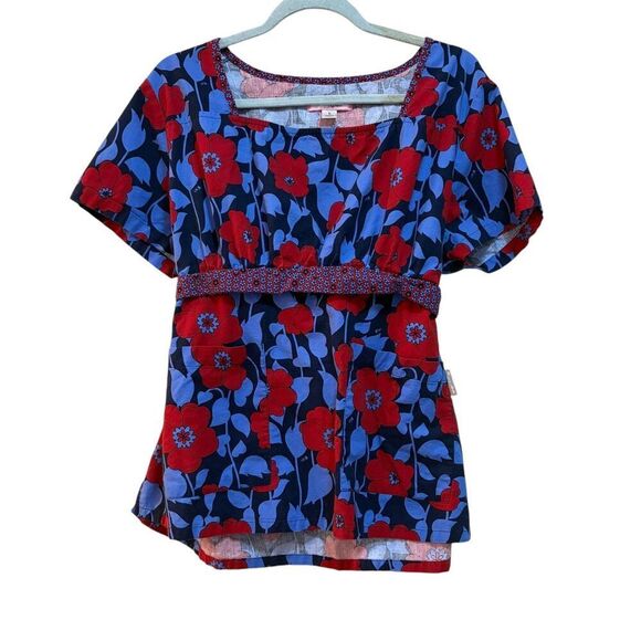 2/$30 Koi by Kathy Peterson Top Womens Large Blue Red Floral Print Tie Waist - Picture 1 of 8